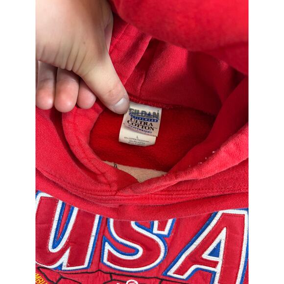 Vintage USA Cup Hoodie Mens Large Red Heavyweight Preshrunk Pullover Sweatshirt - Picture 4 of 4